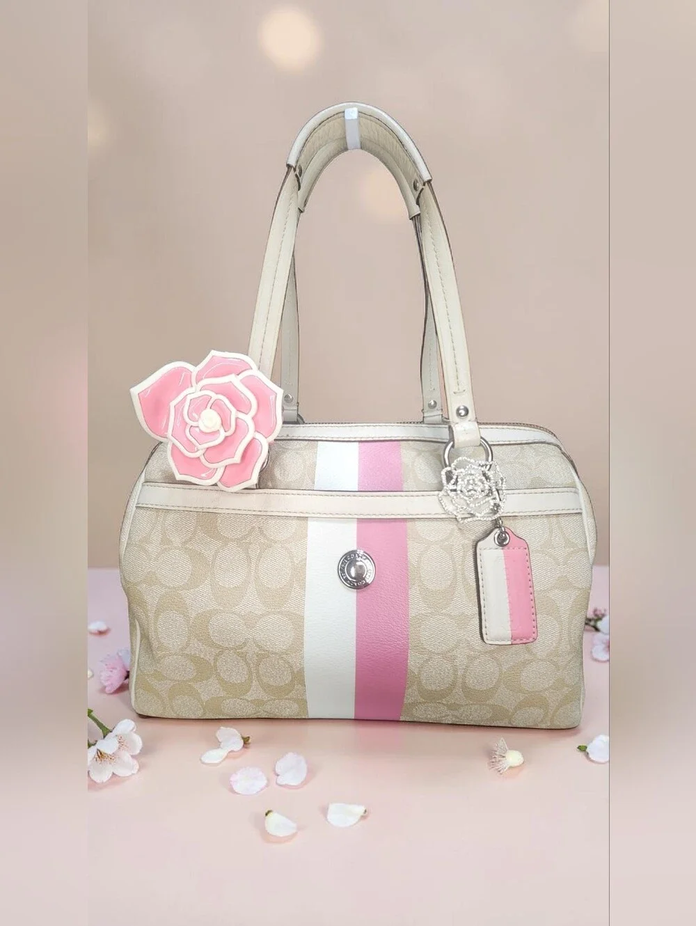 Coach Beige Signature Satchel with Pink and White Stripes